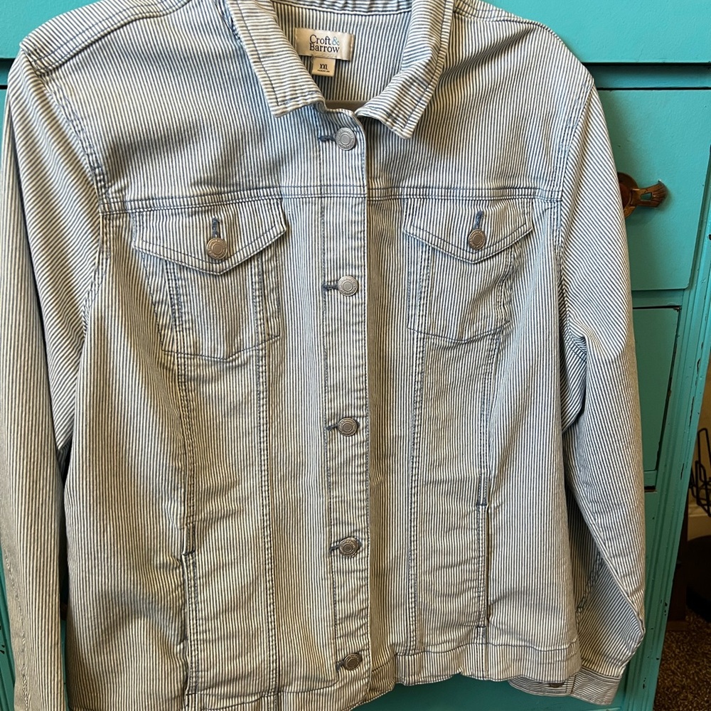Blue and white pinstripe jean jacket